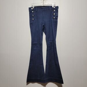 Express Jeans Womens Dark Wash Sailor Bell Flare Side Zip Crest Button Denim